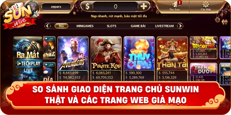 So sánh giao diện trang chủ Sunwin thật và các trang web giả mạo